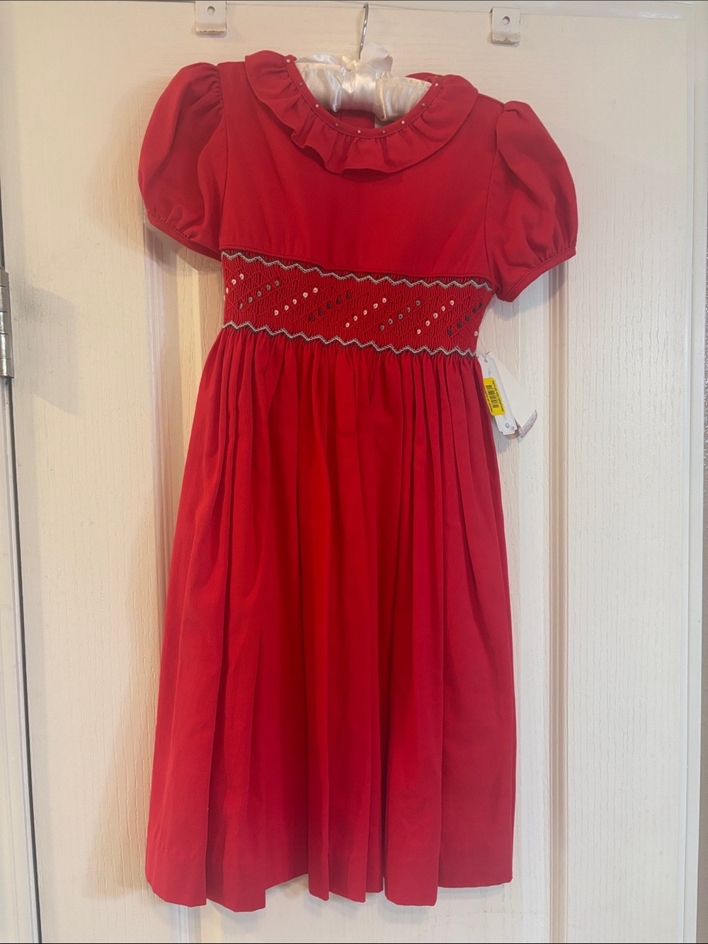 Edgehill Collection Red Smocked Puff Sleeve Dress